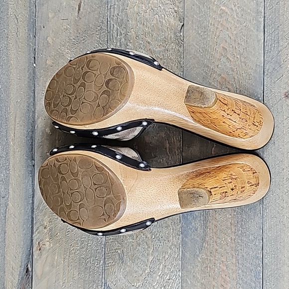 COACH Women's Illisa Heel Shoes Black Brown Brass Logo Plate Platform Sandal - Picture 5 of 11